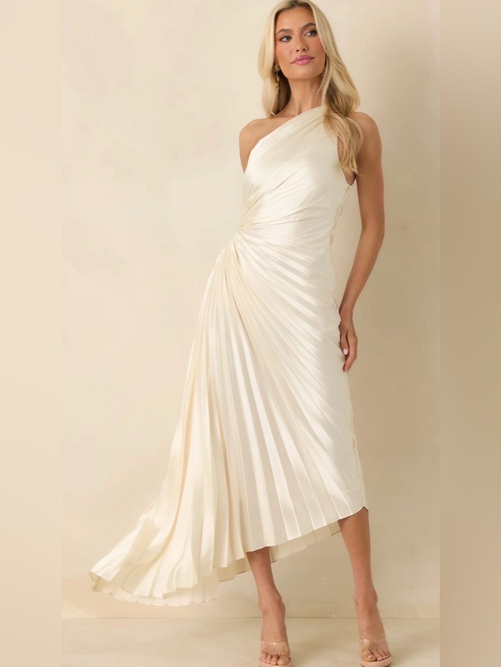 Pearl White One-Shoulder Pleated Ivory Evening Gown